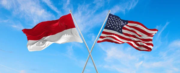 Bendera Usa Dan Monaco Melambai Dalam Angin Tiang Bendera Melawan — Stok Foto