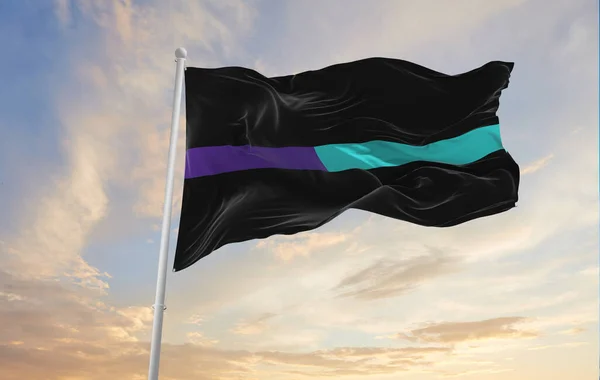 Thin Purple Teal Line Flagge Weht Bei Bewölktem Himmel Hintergrund — Stockfoto