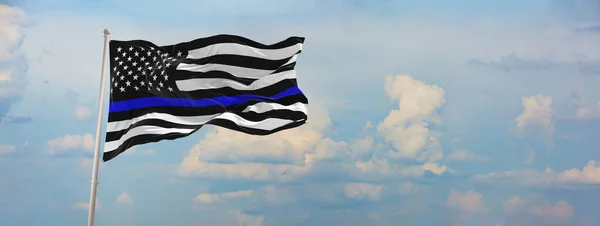 Dunne Blauwe Lijn Zwarte Vlag Van Met Politie Blauwe Lijn — Stockfoto