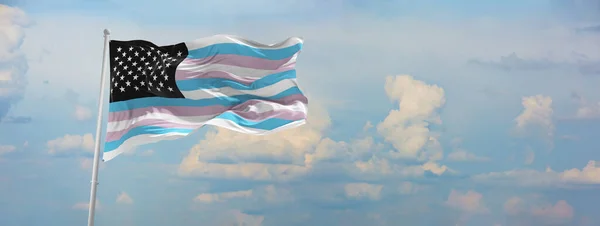 Transamerica Flag Waving Wind Flagpole Sky Clouds Sunny Day Panoramic — Stock Photo, Image