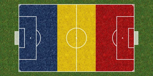 Bovenaanzicht Van Groene Gras Voetbalveld Met Vlag Van Roemenië Voetbalachtergrond — Stockfoto