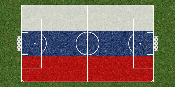 Widok Góry Zielona Trawa Boisko Piłki Nożnej Flagą Rosji Tło — Zdjęcie stockowe