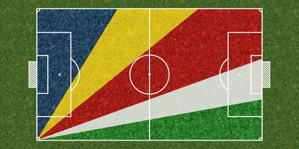 Horní Pohled Fotbalové Hřiště Zelené Trávy Vlajkou Seychel Fotbalové Pozadí — Stock fotografie