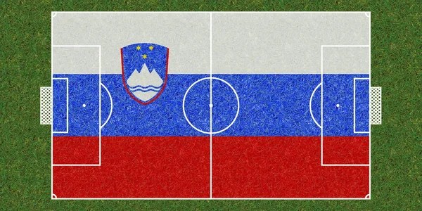 Pemandangan Teratas Lapangan Sepak Bola Rumput Hijau Dengan Bendera Slovenia — Stok Foto