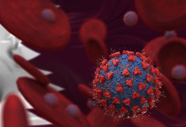 Virüs ve kan hücreleri Katar bayrağına karşı. 3 boyutlu illüstrasyon. Viral enfeksiyon kronik hastalıklara neden oluyor. Hepatit virüsleri, grip virüsü H1N1, Coronavirüs, HIV, grip, hücre enfeksiyonu,