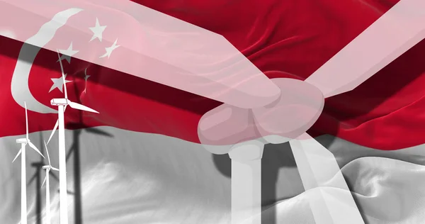 Vindturbiner Bakgrunden Singapore Flagga Hållbar Utveckling Förnybar Energi Nationellt Koncept — Stockfoto