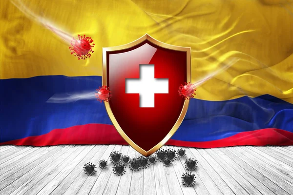 Colombia flag with Metal Shiny red shield. virus protection, hygiene shield. virus Vaccine Protection aganst coronavirus, Health Care, Safety Badge concept. 3D illustration.