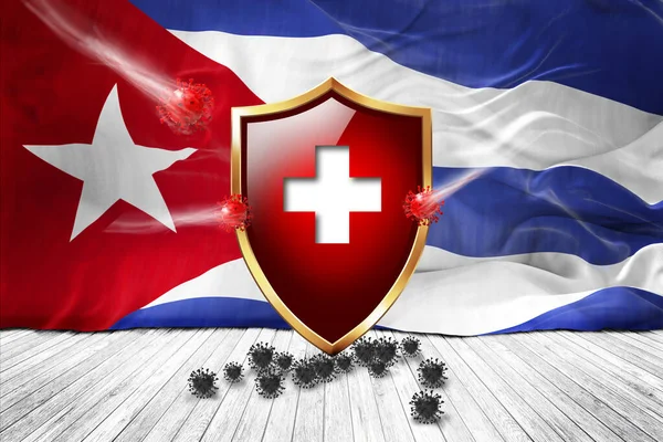 Cuba flag with Metal Shiny red shield. virus protection, hygiene shield. virus Vaccine Protection aganst coronavirus, Health Care, Safety Badge concept. 3D illustration.