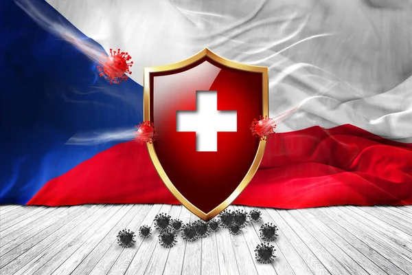 Czech Republic flag with Metal Shiny red shield. virus protection, hygiene shield. virus Vaccine Protection aganst coronavirus, Health Care, Safety Badge concept. 3D illustration.