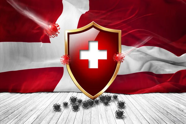 Denmark Flag Metal Shiny Red Shield Virus Protection Hygiene Shield — Stock Photo, Image