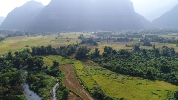 Landschaft Rund Die Stadt Vang Vieng Laos Vom Himmel Aus — Stockvideo