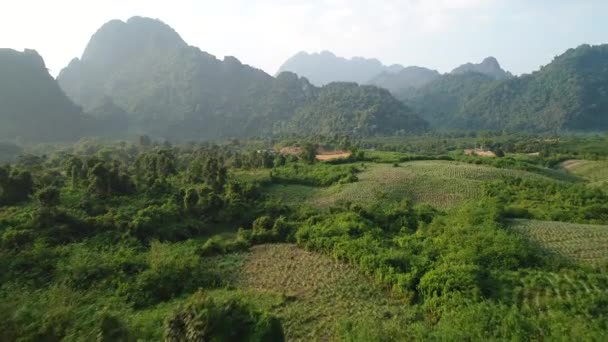 Natuurlijke Landschappen Rond Stad Vang Vieng Laos Gezien Vanuit Lucht — Stockvideo