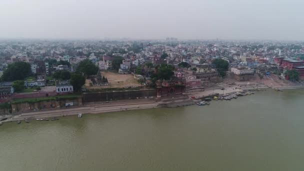 Ciudad Varanasi Benares Uttar Pradesh India Vista Desde Cielo — Vídeo de stock