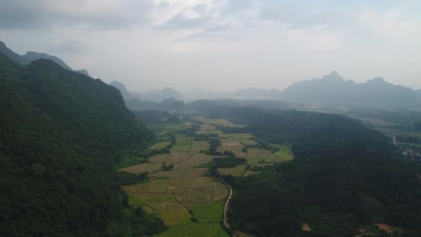 Landskap Runt Staden Vang Vieng Laos Sett Från Himlen — Stockvideo