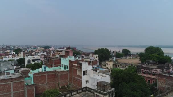 Ciudad Varanasi Benares Uttar Pradesh India Vista Desde Cielo — Vídeo de stock