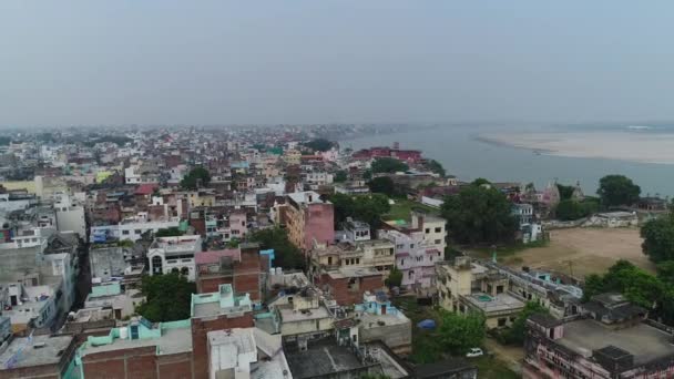 Staden Varanasi Eller Benares Uttar Pradesh Indien Sett Från Himlen — Stockvideo