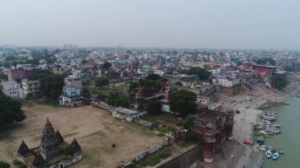 Staden Varanasi Eller Benares Uttar Pradesh Indien Sett Från Himlen — Stockvideo