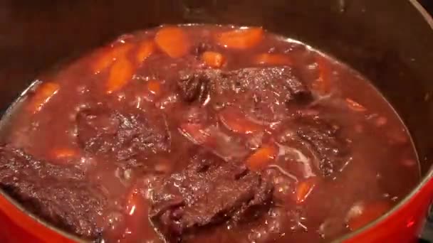 Zubereitung Von Traditionellem Bourguignon Rindfleisch Mit Burgunder Rotwein — Stockvideo