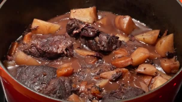 Bereiding Van Traditioneel Bourguignon Rundvlees Met Rode Bourgogne Wijn — Stockvideo