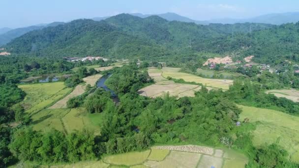 Landskap Runt Staden Vang Vieng Laos Sett Från Himlen — Stockvideo