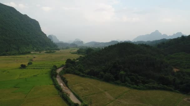Rivier Bij Stad Vang Vieng Laos Gezien Vanuit Lucht — Stockvideo