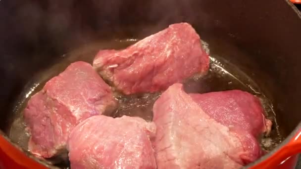 Zubereitung Von Traditionellem Burgunder Rindfleisch Mit Rotem Burgunder Wein — Stockvideo