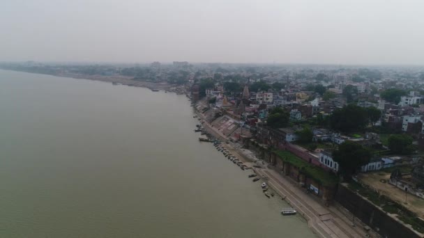 Staden Varanasi Eller Benares Uttar Pradesh Indien Sett Från Himlen — Stockvideo