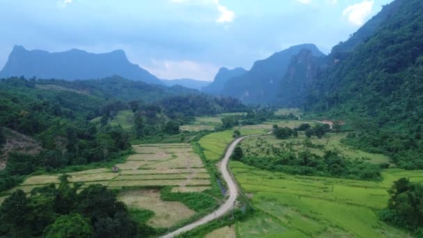 Landschap Rond Stad Vang Vieng Laos Gezien Vanuit Lucht — Stockvideo