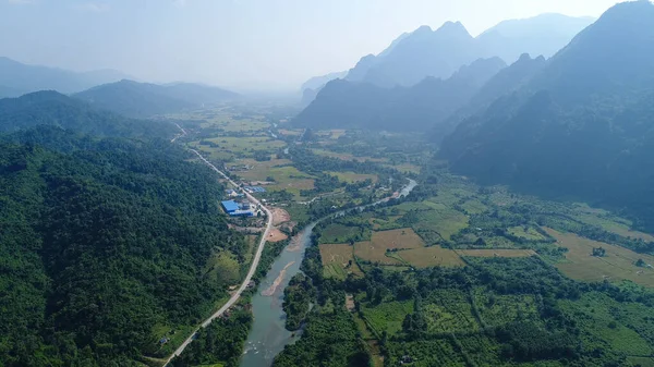 Vang Vieng Város Melletti Folyó Laoszban Égből Nézve — Stock Fotó