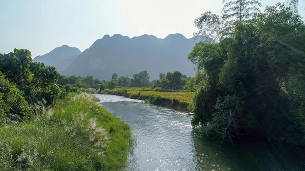 Vang Vieng Város Melletti Folyó Laoszban Égből Nézve — Stock Fotó