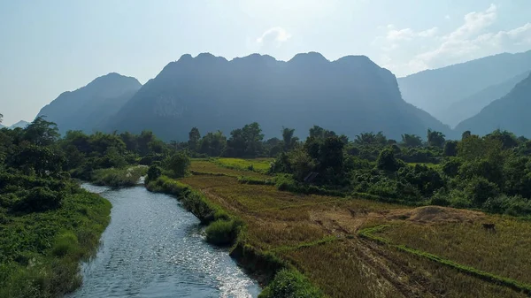 Flod Nära Staden Vang Vieng Laos Sett Från Himlen — Stockfoto