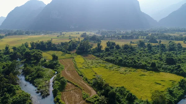 Krajobraz Wokół Miasta Vang Vieng Laosie Widziany Nieba — Zdjęcie stockowe