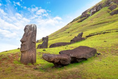 Rano Raraku Volkanı 'nın yamaçlarında, Easer Adası' nda, beyaz bulutlarla kaplı mavi gökyüzüne karşı..