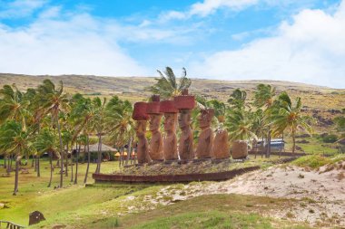 Anakena sahilindeki palmiye koruluğunun panoramik görüntüsü ve Paskalya Adası 'ndaki Ahu Nao-Nao merasim merkezinde Moai heykelleri, mavi gökyüzüne karşı..