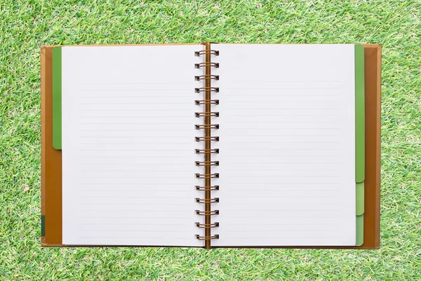 Open notebook with lined pages isolated on artificial grass back — Stock Photo, Image