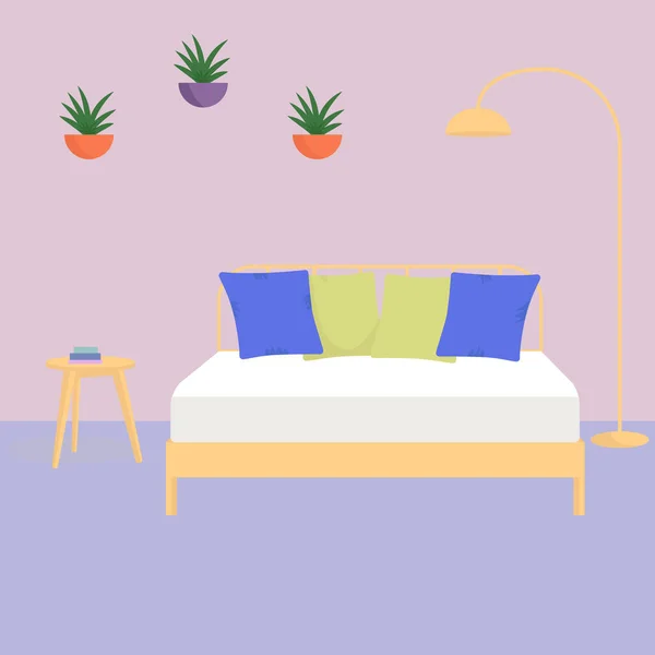 大きなベッド付きのベッドルーム 平面ベクトル図 — ストックベクタ