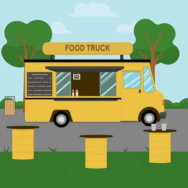 Camion Alimentaire Jaune Dans Parc Illustration Vectorielle Plate — Image vectorielle