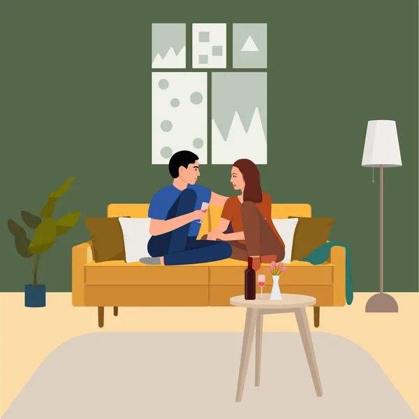 Cena Romántica Casa Ilustración Vectorial Plana — Vector de stock