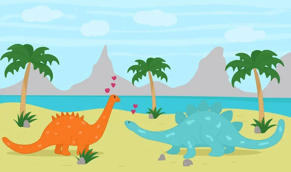Пара Динозаврів Закоханих Острові — стоковий вектор
