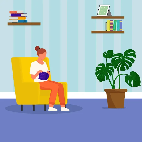 家で本を読んでいる女性 — ストックベクタ