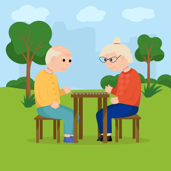 Grandparents Playing Checkers Park Elderly People Flat Vector Illustration — Stock Vector