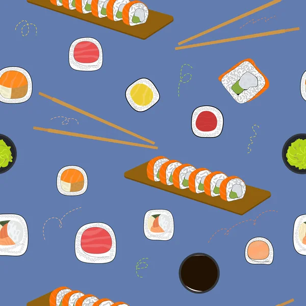 Patrón Sin Costuras Rolls Diferentes Tipos Rollos Palillos Sushi — Vector de stock