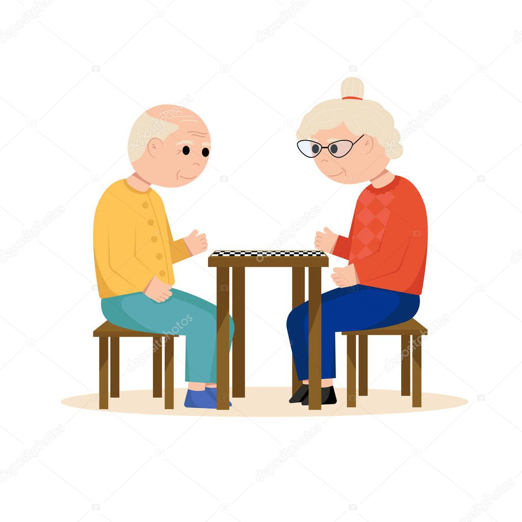 Grandparents playing checkers. Elderly people. Flat vector illustration.