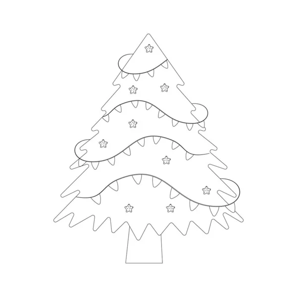 Julgran med trädboll och trädleksak. Färgbok. Platt vektor illustration — Stock vektor