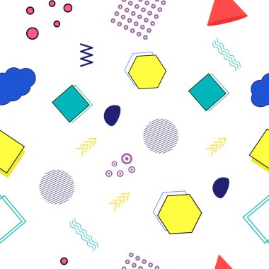 Doku ve kartpostallar için geometrik şekillerin Memphis dikişsiz desen