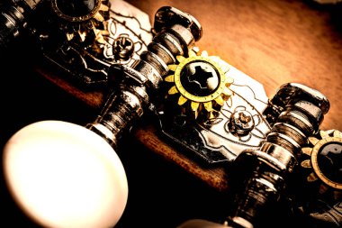 Mandolin başlık ayarlama sisteminin altın dişli makro görüntüsü.
