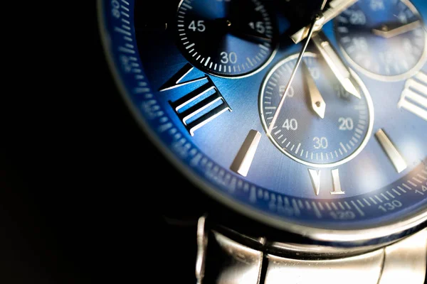 Macro Close Roman Numeral Seven Blue Faced Chronograph Watch — Stock Photo, Image