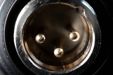 Yoğunlaştırıcı mikrofonun altındaki yıpranmış kadın XLR girişinin makro yakın çekimi