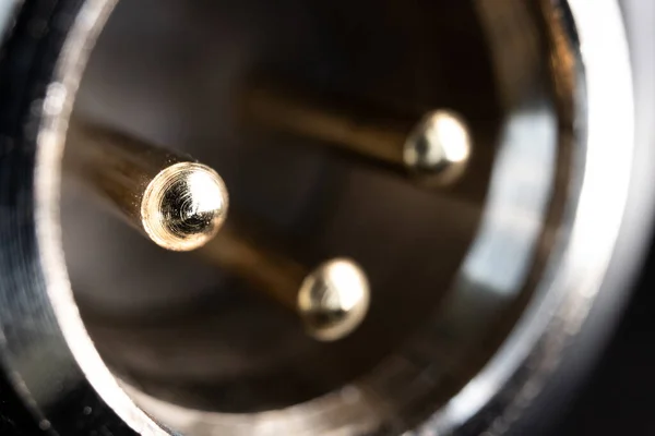 Angled Macro Closeup Gold Female Xlr Pins Bottom Condenser Microphone — Stock Photo, Image