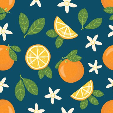 Yapraklı, portakalsız desen. Citrus meyvesi. Tam portakallı, turuncu dilimli, yarı turuncu, yeşil yapraklı. Vektör illüstrasyonu. 